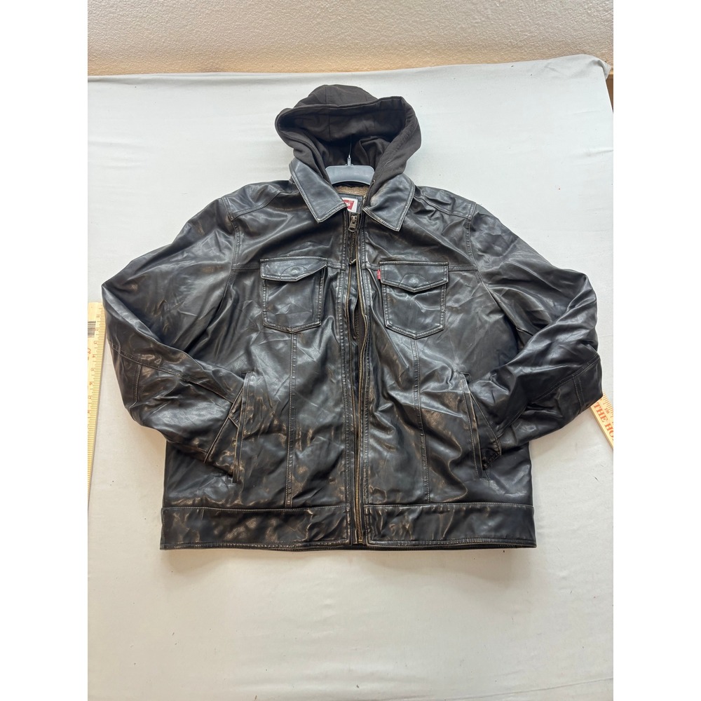 Levis Mens Faux Leather Sherpa Lined Hooded Trucker Jacket Distressed Black XL